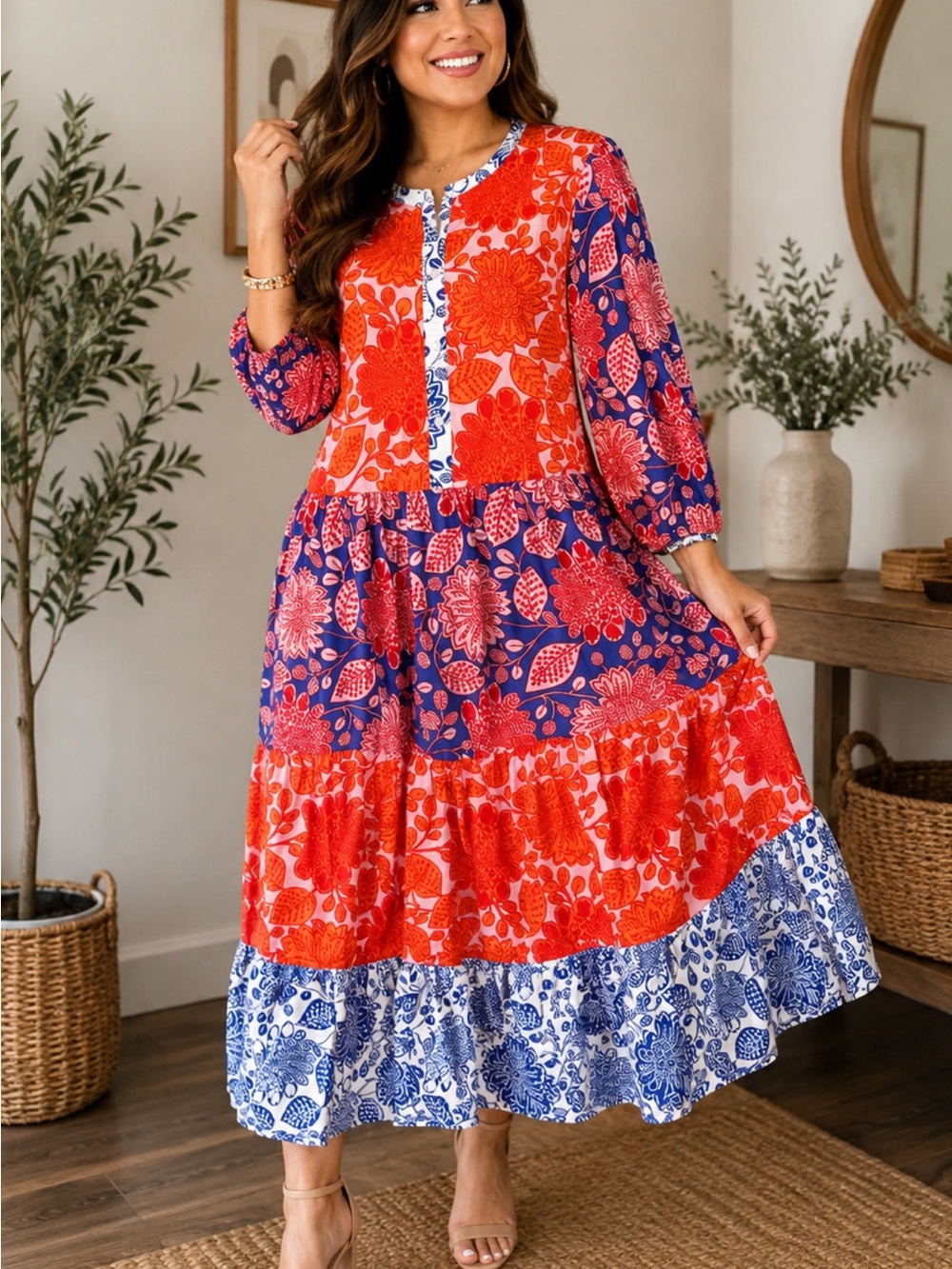 Philosophy Red & Blue Floral Tiered Maxi Dress It doesn't have a seatbelt.